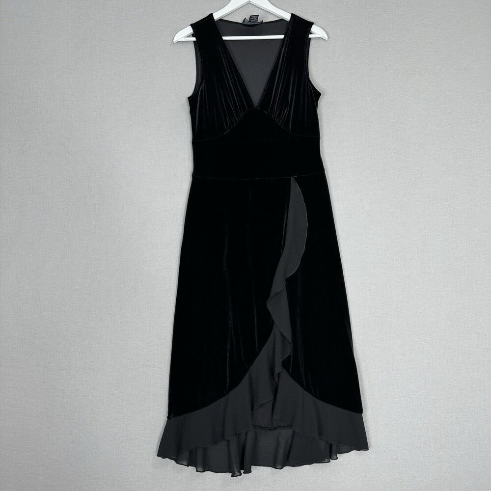 Vintage Connected Womens‎ Dress 10 Black Velvet Babydoll Midi Whimsigoth Ruffle